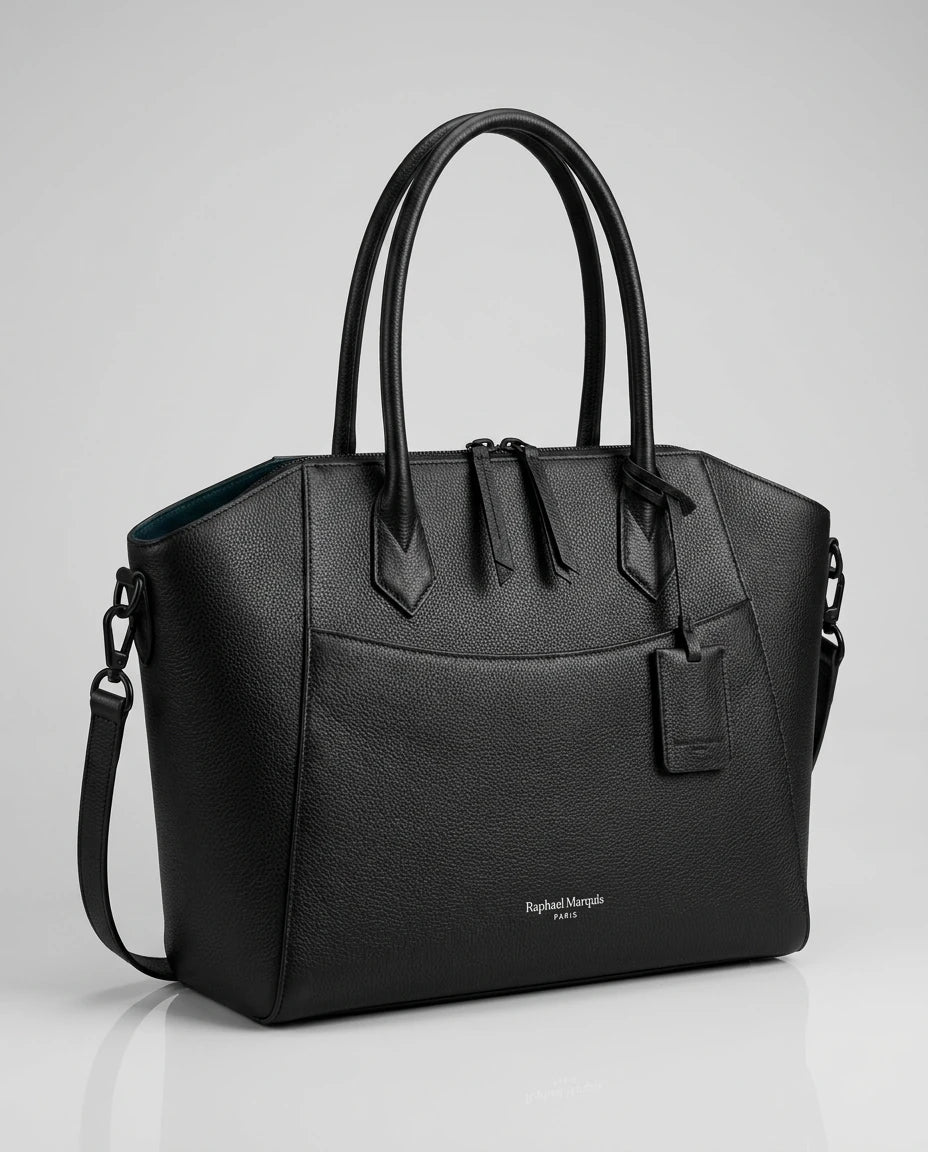 Principal Tote in black, three-quarter with strap
