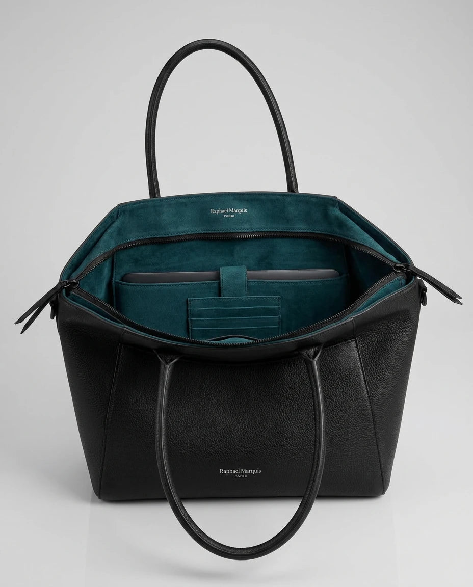 Principal Tote in black, interior open